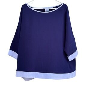 Gretchen Scott Womens XL/XXL Navy Blue White Trim Top Boxy Blouse‎ Boat Neck